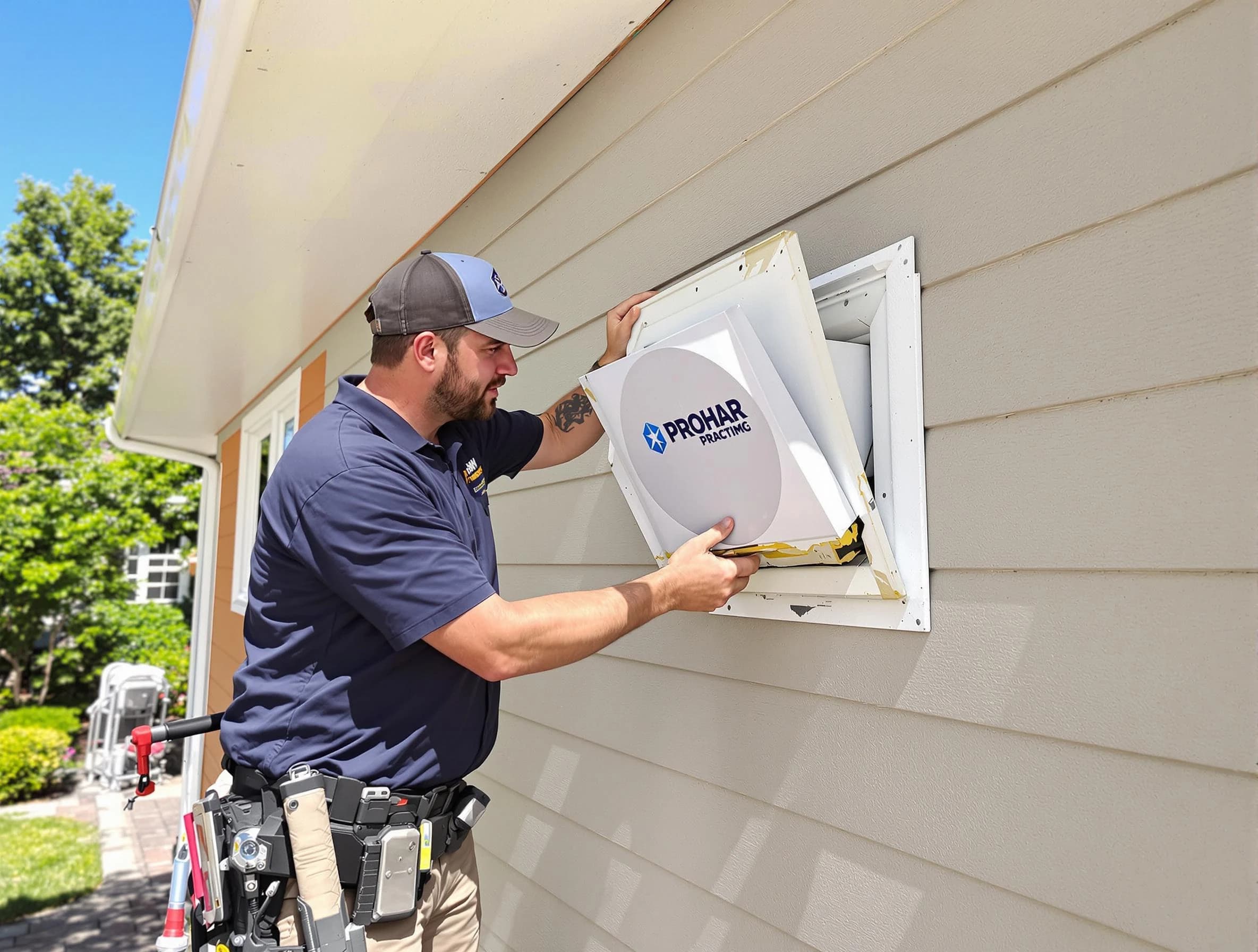 Bellwood Dryer Vent Cleaning technician installing a new protective dryer vent cover on a home in Bellwood