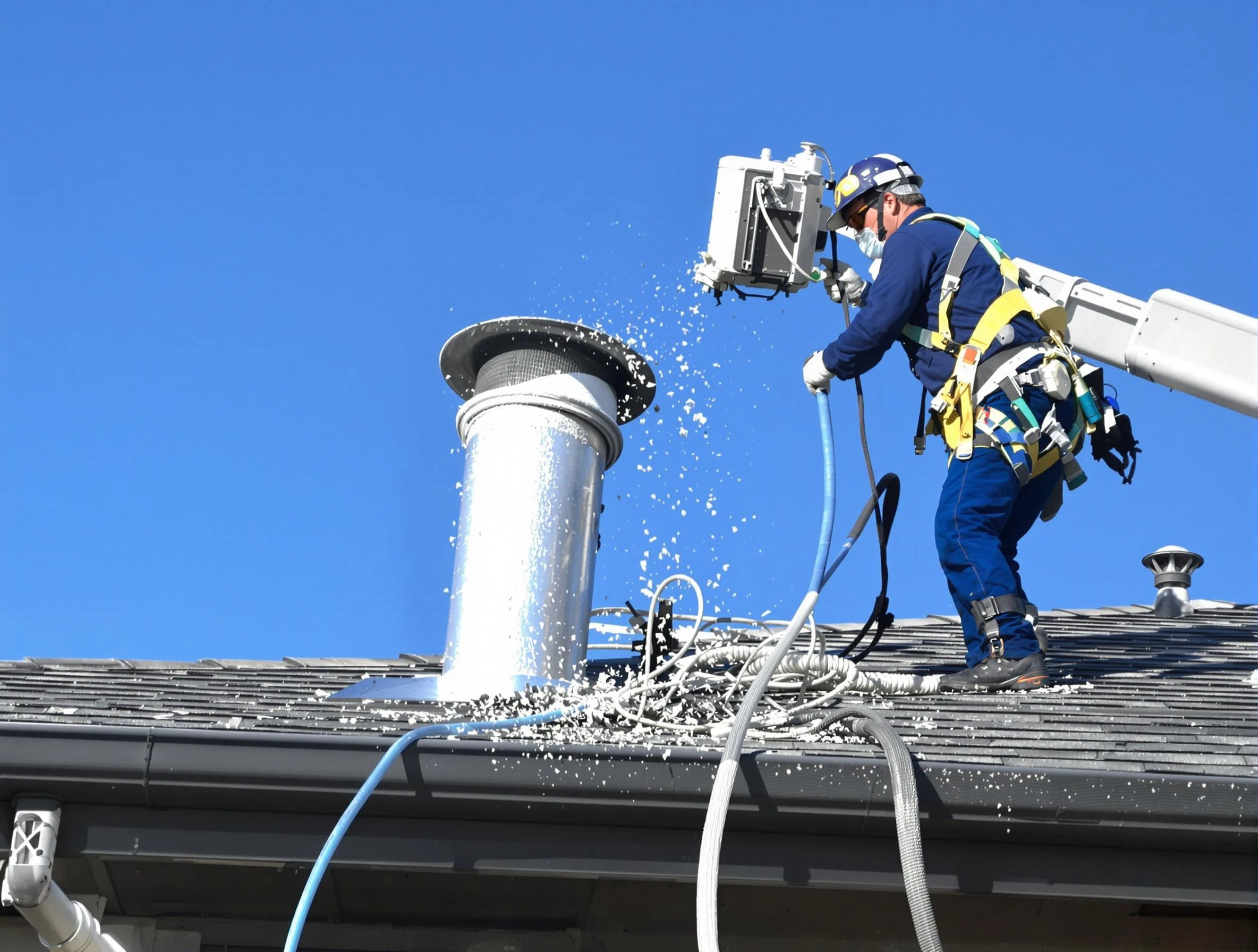 Bellwood Dryer Vent Cleaning certified technician safely cleaning a roof-mounted dryer vent in Bellwood
